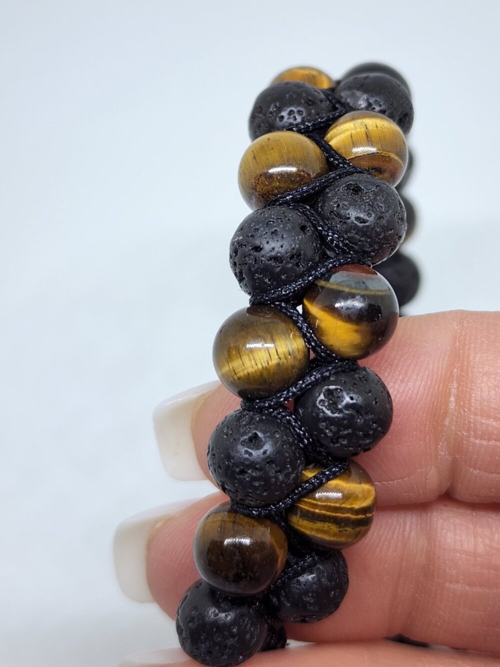 Unisex Tiger Eye Black Lava Stone Double Strand Adjustable Lariat Bracelet